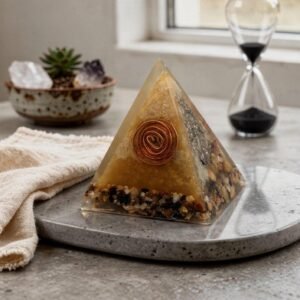 Pirámide Orgonita Talla M · Ámbar Dual Cobre · Espiral y Zig-Zag · Cuarzos de Río · Fórmula Karl Hans Welz · Orgonitum